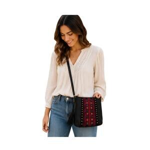 Lucky Brand Leather Crossbody Purse Black Red Embroidered Boho Tassel EUC